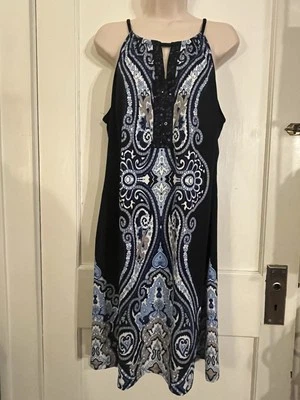 International Concepts INC Women’s L Blue Brown Paisley Dress, Sequin, Stretch - Image 1 of 4