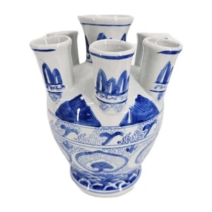 Jarrón chino azul y blanco de siete cuello de porcelana tulipán 9" chinoisserie vintage - Imagen 1 de 9