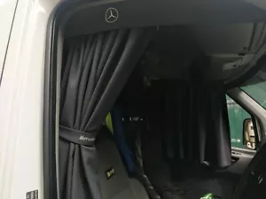 Blackout privacy curtains for a Mercedes Sprinter Van Cab in black. - Picture 1 of 9