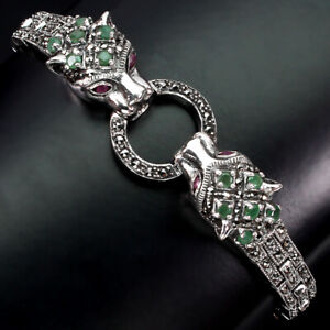Unheated Round Emerald Ruby Marcasite 925 Sterling Silver Tiger Bracelet 7.5in