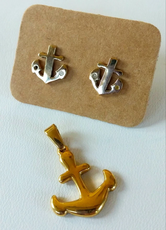 ¡Juego de anclajes! Collar y tachuelas de anclaje de diamantes genuinos de plata de ley .925 Foto 1 de 1