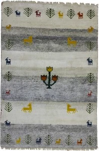 Cream & Gray Pictorial Tribal Indo-Gabbeh Rug Plush Wool Oriental Carpet 4X6 ft - Picture 1 of 18
