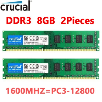 Crucial DDR3 16GB (2X8GB) KIT 1600 MHz PC3-12800 DIMM 240Pin non-ECC Memory RAM - Image 1 of 4