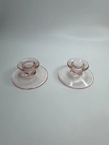 Vintage Depression Glass Pink Taper Candlestick Holders Clear Set of 2 - Picture 1 of 10