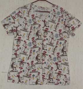 EXCELLENT WOMENS Dr. Seuss THE CAT IN THE HAT NOVELTY PRINT SCRUBS TOP SIZE M - Picture 1 of 3