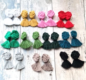 Handmade Macrame Tassel Earrings – Dangle Studs, Hypoallergenic - Picture 1 of 22