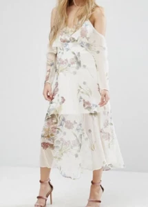 River Island Semi Sheer Floral Print Boho Layered Midi Dress Cold Shoulder UK 14 - Picture 1 of 7