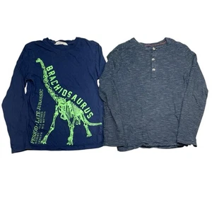 H&M Boys 8-10 Striped Henley + Dinosaur Graphic Long Sleeve Shirt Bundle Blue - Picture 1 of 6