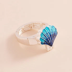 NEW Glittery Blue Clamshell Seashell Locket Stretch Band Ring- Hidden Surprise! - Picture 1 of 2