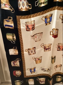 ECHO SILK SCARF. BLACK/GOLD/WHITE COFFEE CUPS DESIGN. 34” (82) - Picture 1 of 8