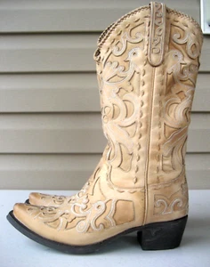 Lane Western Boots Women Size 7.5 B Tan Leather Floral MINT WORN 1-2 times - Picture 1 of 11