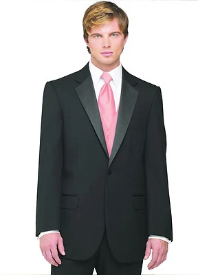 Sizes 34-50 Short 7-Piece Tuxedo Package w/Flat Front Pants, Pink Vest & Tie - Image 1 of 4