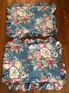 Vtg Set of 2 Ralph Lauren Kimberly Standard Shams Blue Floral Ruffle Edge Pair - Picture 1 of 10