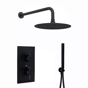 2-Outlet Shower Set Round Venice Thermostatic Bathroom Matte Black ENKI SH0282 - Picture 1 of 9