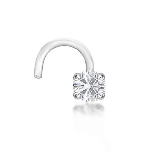 14K White Gold Curved Screw Nose Ring With 0.07 Carat Diamond - 18 Gauge - Picture 1 of 9