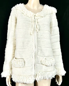 Vintage 70s Mod Hippy White Fringe Machine Wash Wool Sweater Jacket Equador M/L - Picture 1 of 9