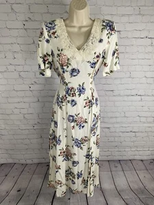 VTG En Focus White Multicolor Floral V Neck Lace Shoulder Padded Dress Size 10 - Picture 1 of 12