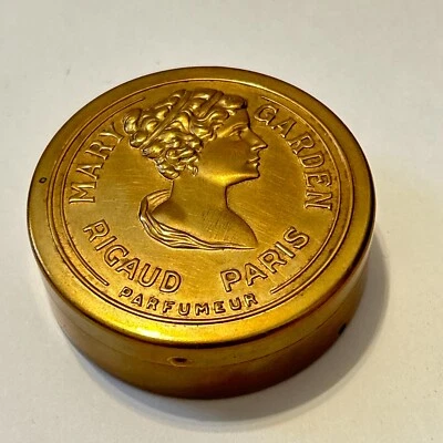 Vintage MARY GARDEN RIGAUD PARIS PARFUMEUR Empty Vanity Decor Compact Tin Mirror - Image 1 of 4