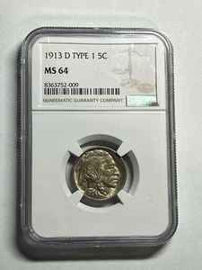 1913-D Type 1 Buffalo Nickel NGC MS64 Nice Strike Better Variety - Picture 1 of 4