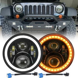 For Jeep Wrangler JK TJ LJ Halo Hi/Lo Beam DRL 7'' LED Headlights Headlamps Pair - Picture 1 of 12