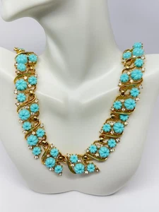 Vtg Crown Trifari turquoise Fruit salad gold tone Necklace rhinestones signed - Picture 1 of 6