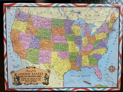 1943 USA Map Puzzle Great, Vintage Graphics 14"x10" Platt & Munk Co Old Airplane - Image 1 of 4