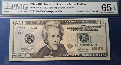 2004 -$20-FEDERAL RESERVE NOTE DALLAS - SN 00000560 -  PMG UNC 65 -EPQ - Image 1 of 2