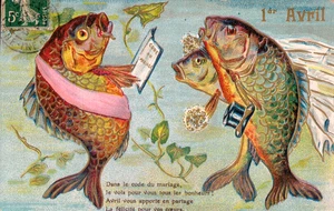Künstler-AK 1. April /1er Avril Fisch Hochzeitsrede vor Fisch-Paar /Fische 1908 - Picture 1 of 1