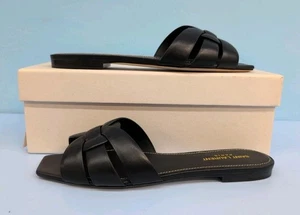 Saint Laurent Tribute Flat Mules Slide Smooth Leather Sandals Womens US 8 Black - Picture 1 of 12
