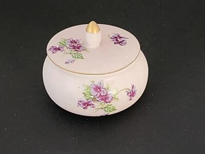 Vintage Lefton Violets Dresser Powder Box Trinket Box Hand Painted Japan Sticker - Picture 1 of 12