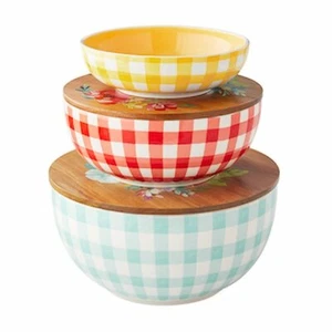 New Pioneer Woman 3 Piece Floral Check Ceramic Lidded Bowl Set - Nesting,Country - Picture 1 of 5