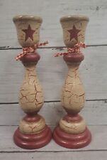 Primitive Crackle Tan & Barn Red Star Wood Candlesticks Set of 2 Country Decor