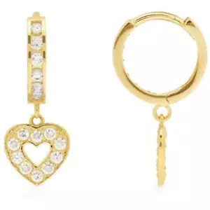 14K Yellow Gold 0.80Ct CZ Open Heart Huggie Hoop Dangle Earrings - Picture 1 of 3
