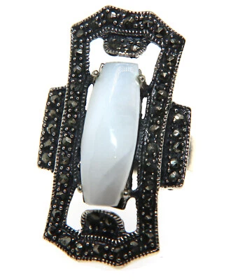 anello argento 925 rettangolare marcasite madreperla a navetta bianco latte 14 - Immagine 1 di 4