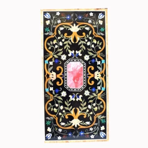 54" x 30" Black Marble Table Top semi precious stones inlay Pietra Dura Work - Picture 1 of 3