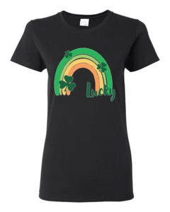 Lucky St Patricks Rainbow with Shamrocks St Patricks Day Women Graphic Shirt - Picture 1 of 6