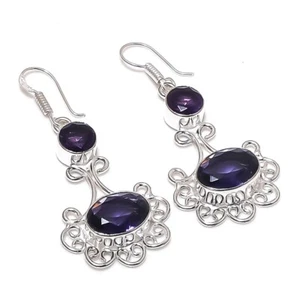 Purple Amethyst Gemstone Handmade 925 Sterling Silver Jewelry Earrings Sz 2.1" - Picture 1 of 1