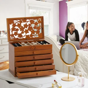 Wood Rustic Chest Jewelry Box Cabinet 6 Tiers Earrings Necklace Organizer Women - Picture 1 of 14
