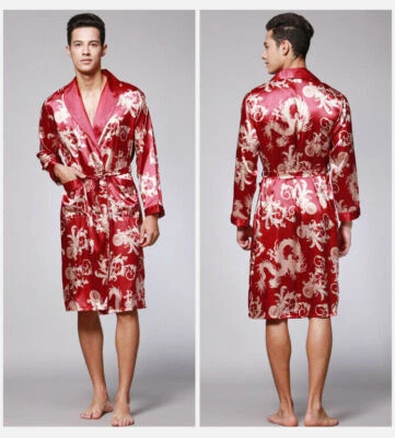 Kimono Bathrobe Robe Dressing Gown Sleepwear Loungewear Mens Satin Silk Pajamas - Image 1 of 4