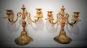 Antique Pair of Gilded Bronze Candlesticks with Two Arms Louis XVI Style 19th C - Picture 1 of 3