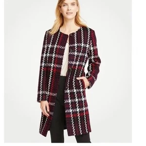 Ann Taylor Coat Women Small Red Plaid Boucle Wool Mid Length Button Classic Twee - Picture 1 of 13