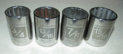 4 Craftsman USA Etched Sockets 1/2" Drive 12 Point SAE 3/4" 13/16" 7/8" 15/16" - Image 1 of 4