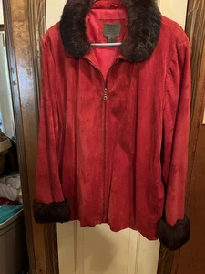 jacket red size 22 suede natural mink cuffs & collar zippered John Paul Richard - Picture 1 of 13