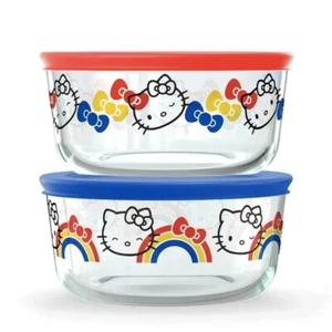 Hello Kitty Set of 2 Pyrex Containers With Lids Glass 4 Cup Capacity - NEW - Picture 1 of 4