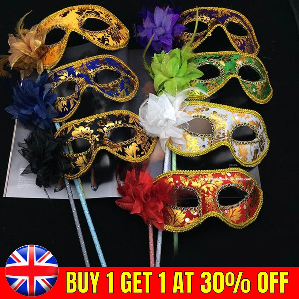 1PC Venetian Masquerade Eye Mask On Stick Mardi Halloween for Party Prom Ball UK - Image 1 of 4