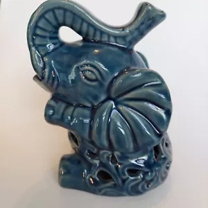"Estatuilla de cerámica de elefante azul azulado tronco buena suerte poy pourri incienso 6" - Imagen 1 de 11