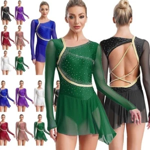 Women Figure Skating Dress Mesh Long Sleeve Sparkly Lyrical Ballet Dance - Picture 1 of 71
