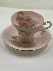 Taza de té y platillo vintage AYNSLEY Bone China England Pink Mountain Scene - Imagen 1 de 9