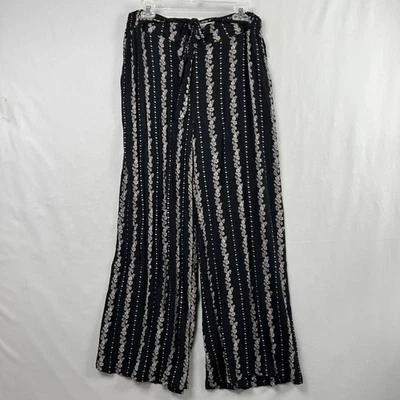 Pantalones Angie Pierna Ancha Pequeños Negros Florales Boho Palazzo Cintura Elástica Pull On Foto 1 de 4
