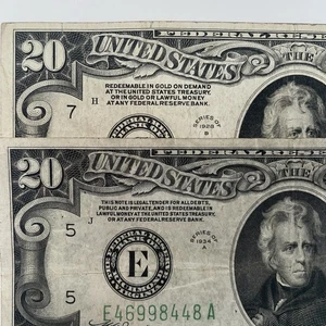 1928 $20 Dollar Bill & 1934 20 Dollar Federal Reserve Notes “Redeemable In Gold” - Picture 1 of 7